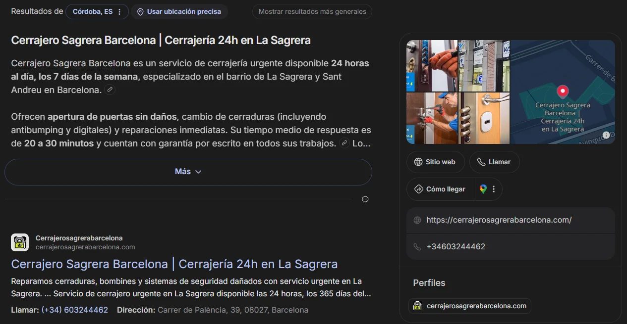 Web posicionada en los primeros puestos de Google: Cerrajero Sagrera Barcelona