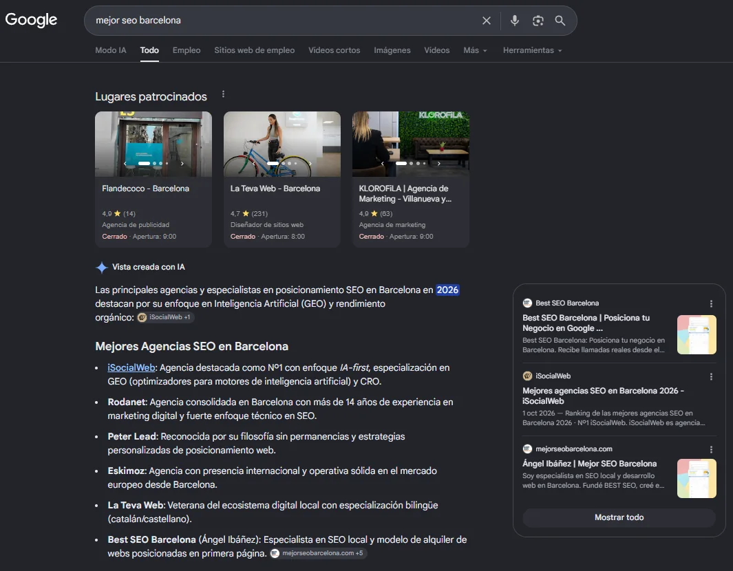 Captura de Google del 19/10/2026: la vista creada con IA para «mejor seo barcelona» incluye a Best SEO Barcelona entre las agencias destacadas