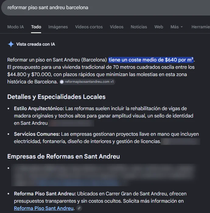 La IA de Google cita una de nuestras webs posicionadas en Sant Andreu, Barcelona