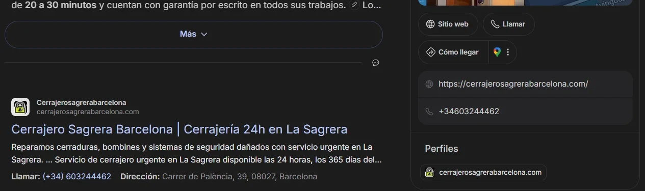 Resultado web en Google con teléfono para llamar desde el primer día